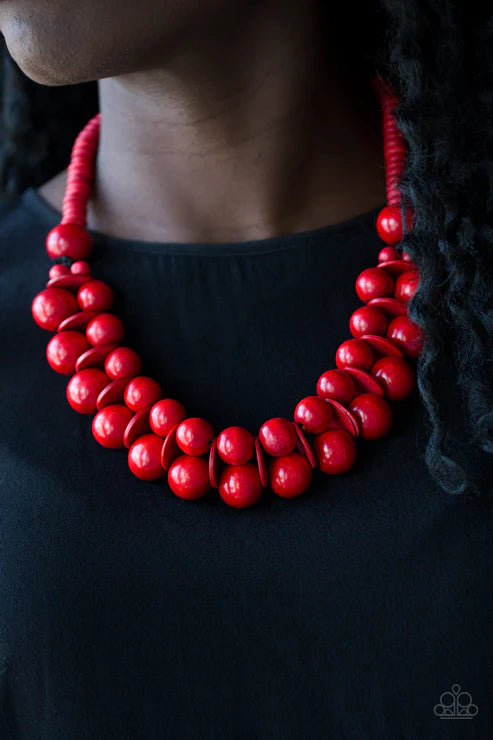 Caribbean Cover Girl - Oversized Red Distressed Wood Disc Button Loop Closure Necklace N#4880