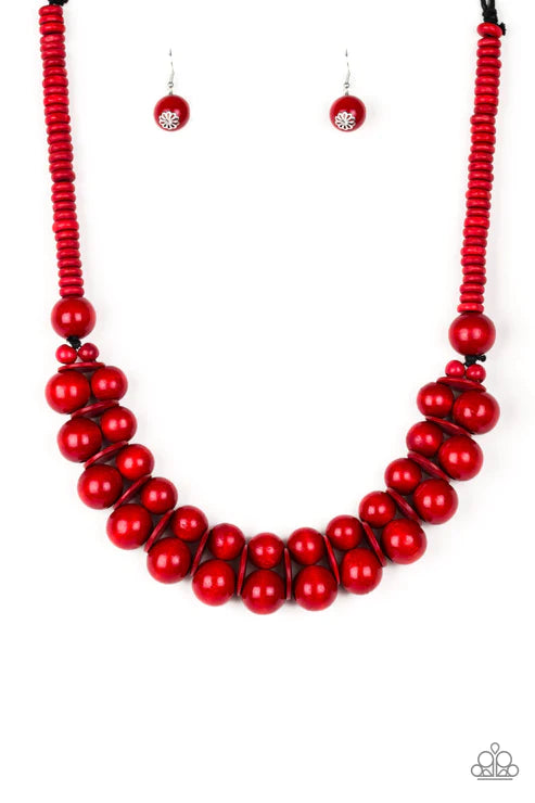 Caribbean Cover Girl - Oversized Red Distressed Wood Disc Button Loop Closure Necklace N#4880