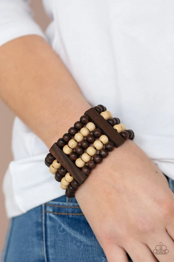 Caribbean Catwalk - Oversized Brown/White Tropical Rectangular Wood Bracelet B#6901