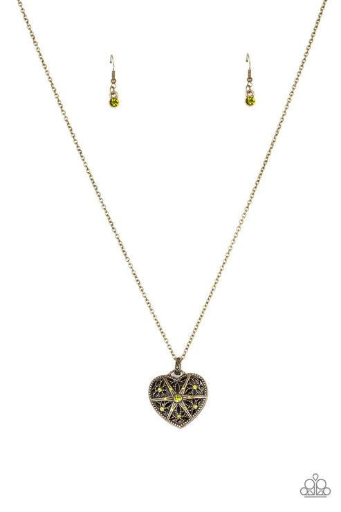 Casanova Charm - Brass/Green Vintage 3D Heart Encrusted Necklace N#5735