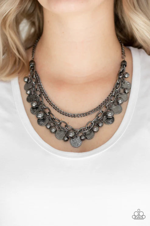 Cast Away Treasure - Black Shimmer Mishmash Textured Disc Fringe Necklace N#6470