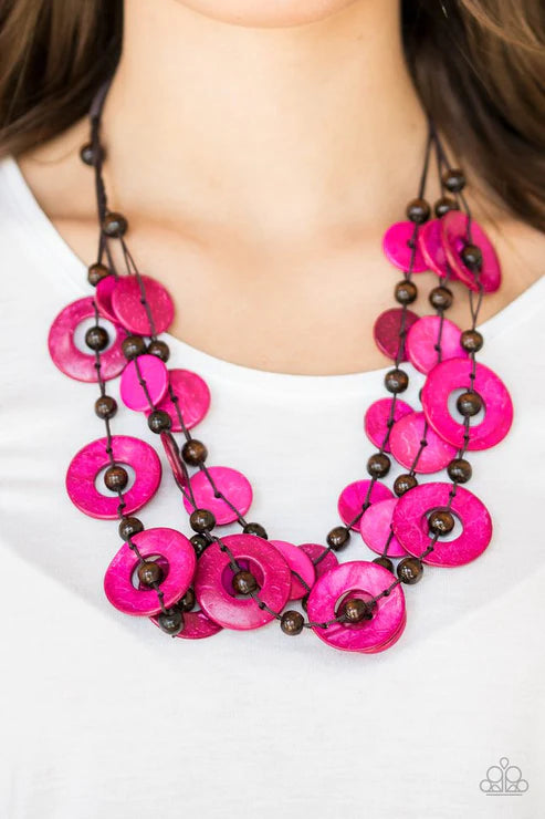 Catalina Coastin - Oversized Pink/Brown Trio Iridescence Shell-Like Distressed Knotted Round Wood Discs Button Loop Closure  Necklace N#6908