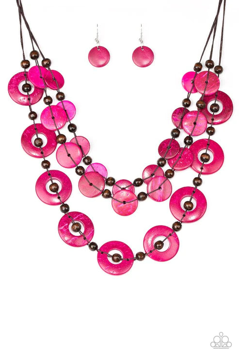 Catalina Coastin - Oversized Pink/Brown Trio Iridescence Shell-Like Distressed Knotted Round Wood Discs Button Loop Closure  Necklace N#6908