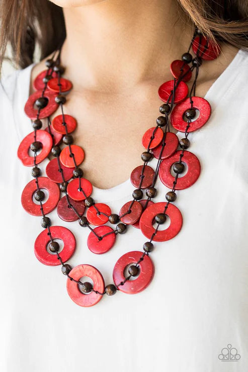 Catalina Coastin - Oversized Fiery Red/Brown Trio Iridescence Shell-Like Distressed Knotted Round Wood Discs Button Loop Closure Necklace N#4873