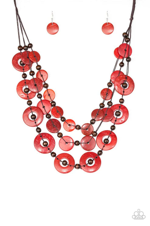 Catalina Coastin - Oversized Fiery Red/Brown Trio Iridescence Shell-Like Distressed Knotted Round Wood Discs Button Loop Closure Necklace N#4873
