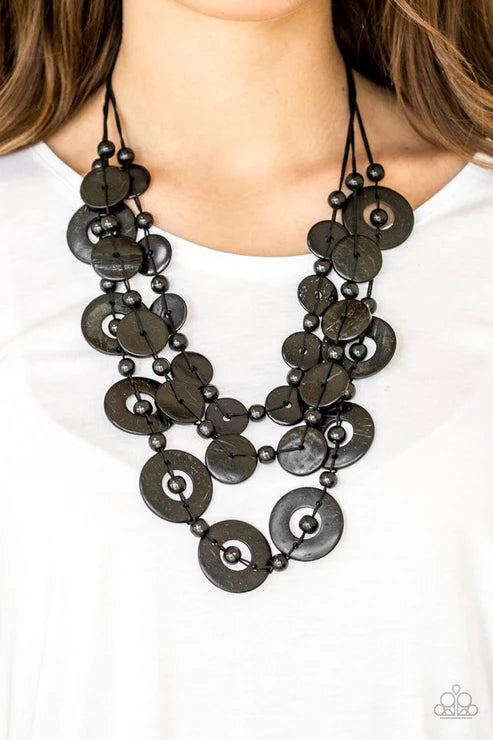 Catalina Coastin - Oversized Black Trio Iridescence Shell-Like Distressed Knotted Round Wood Discs Button Loop Closure Necklace N#7011
