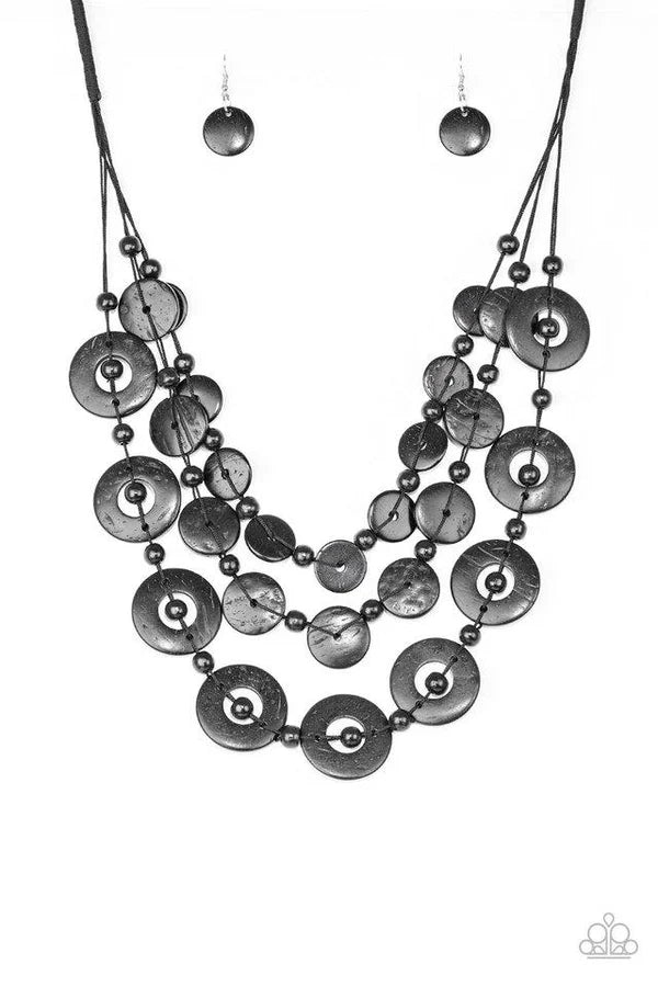 Catalina Coastin - Oversized Black Trio Iridescence Shell-Like Distressed Knotted Round Wood Discs Button Loop Closure Necklace N#7011