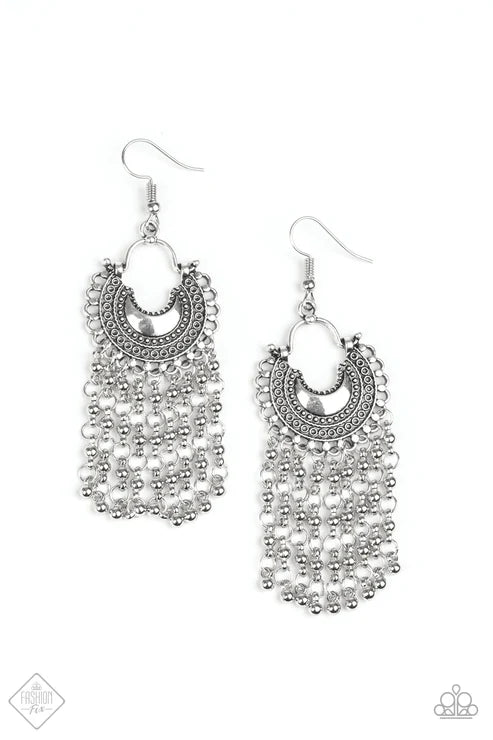 Catching Dreams - Silver Textured Half-Moon Chain Stream Fringe Earrings E#5200