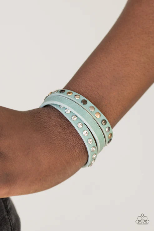 Catwalk Casual - Blue (Gold/Gunmetal/Silver) Flat Studded Encrusted Elongated Double Wrap Leather Adjustable Snap Closure Bracelet B#4105