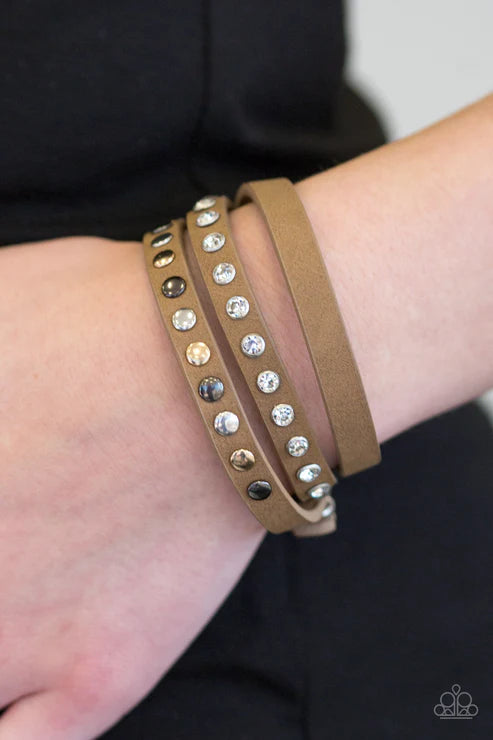Catwalk Casual - Brown (Gold/Gunmetal/Silver) Flat Studded Encrusted Elongated Double Wrap Leather Adjustable Snap Closure Bracelet B#4001