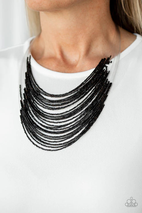 Catwalk Queen - Oversized Black Metallic Shimmer Seed Bead Necklace N#6765
