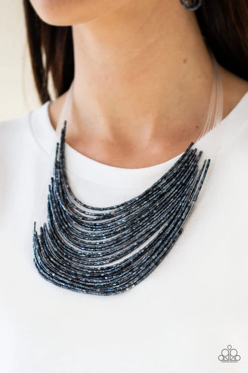 Catwalk Queen - Oversized Blue Metallic Shimmer Seed Bead Necklace N#6285