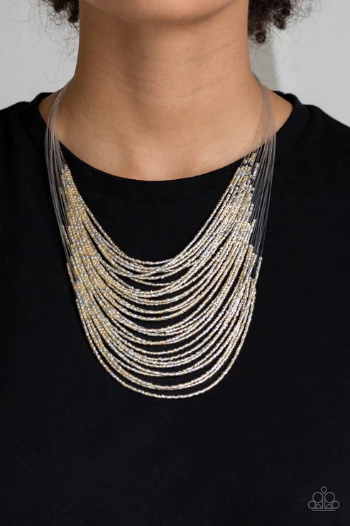 Catwalk Queen - Oversized Gold/Silver Metallic Shimmer Seed Bead Necklace N#2775
