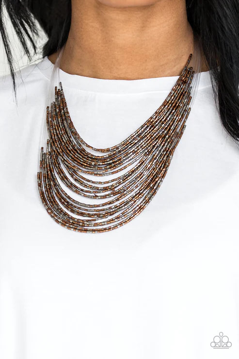 Catwalk Queen - Oversized Multi Copper/Gunmetal Metallic Shimmer Seed Bead Necklace N#4631