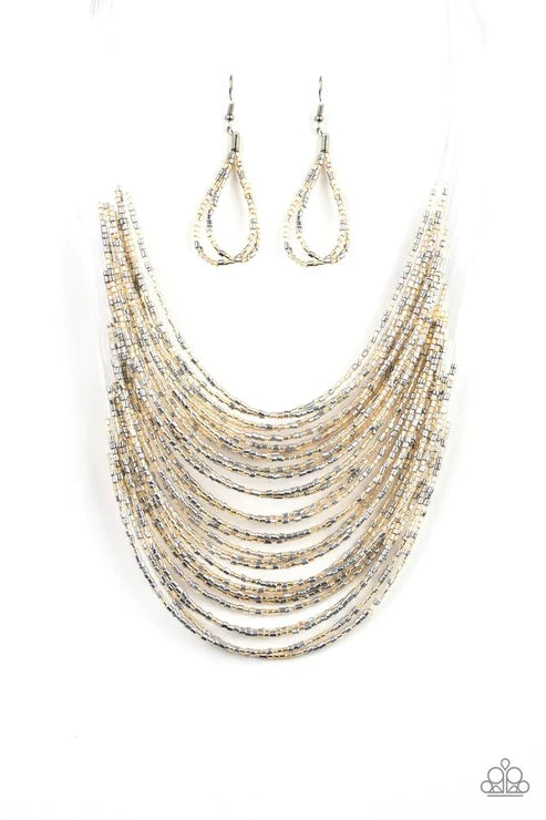Catwalk Queen - Oversized Gold/Silver Metallic Shimmer Seed Bead Necklace N#2775