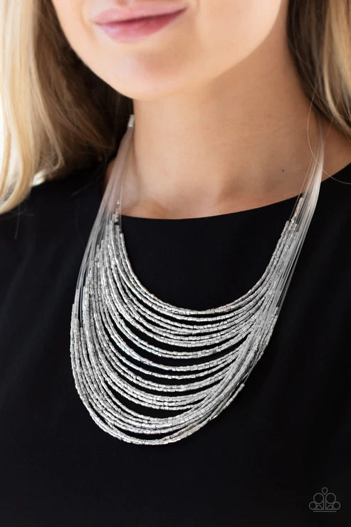 Catwalk Queen 3 - Oversized Silver Metallic Shimmer Seed Bead Necklace N#4635