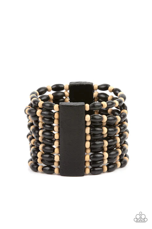 Cayman Carnival - Oversized Black/White Oval/Rectangular Beach Wood Bracelet B#4229