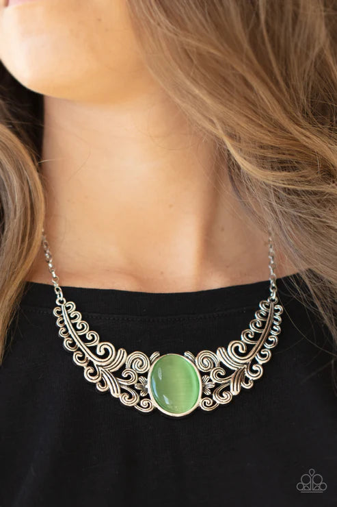 Celestial Eden - Oversized Green Celestial Leafy Branch Out Floral Vine Filigree Cat's Eye Moonstone Necklace N#3228