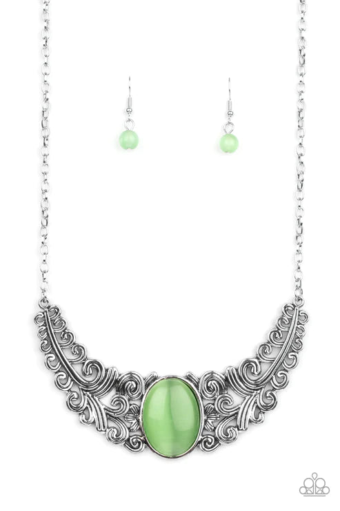 Celestial Eden - Oversized Green Celestial Leafy Branch Out Floral Vine Filigree Cat's Eye Moonstone Necklace N#3228