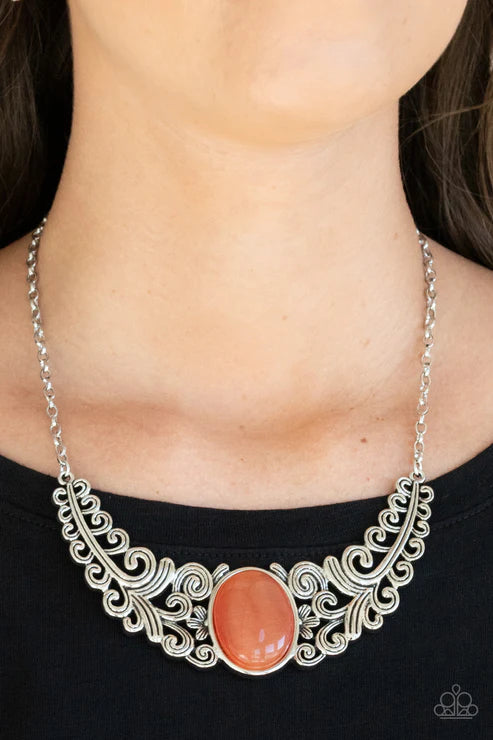 Celestial Eden - Oversized Orange Celestial Leafy Branch Out Floral Vine Filigree Cat's Eye Moonstone Necklace N#3225