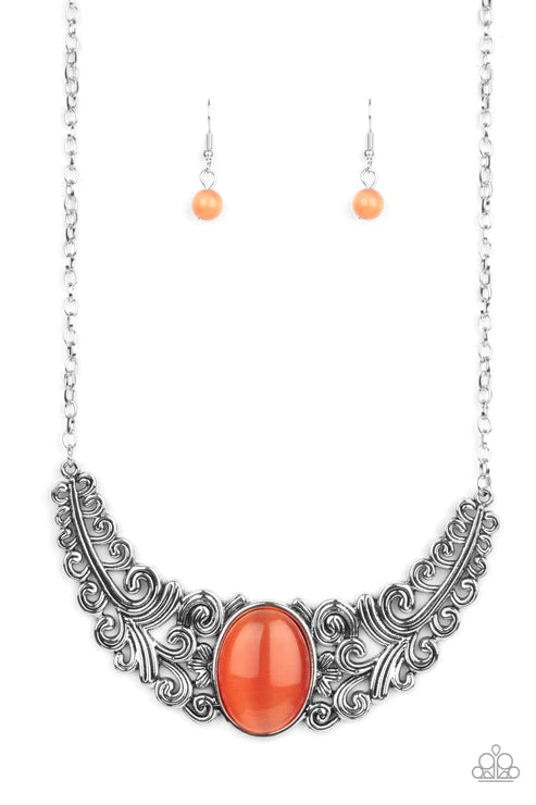 Celestial Eden - Oversized Orange Celestial Leafy Branch Out Floral Vine Filigree Cat's Eye Moonstone Necklace N#3225