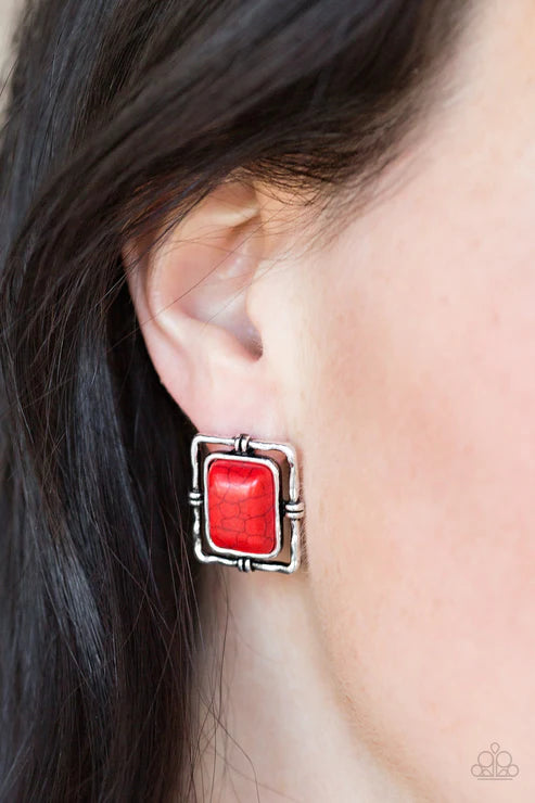 Center STAGECOACH - Red Stone Rectangle Hammered Earrings E#3391