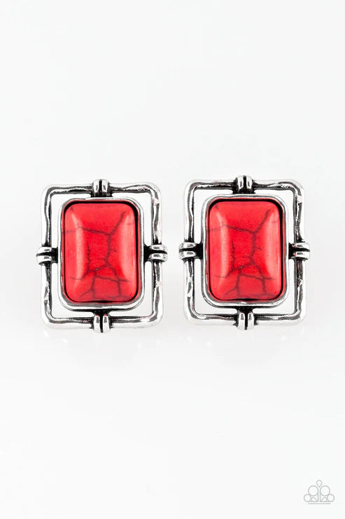 Center STAGECOACH - Red Stone Rectangle Hammered Earrings E#3391