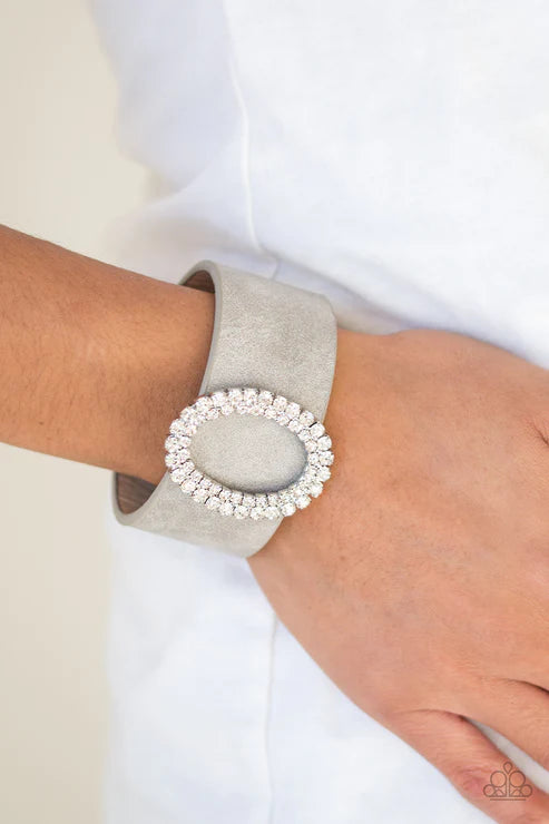 Center Stage Starlet - Silver/Gray Round Encrusted Side-Along Leather Bracelet B#4220