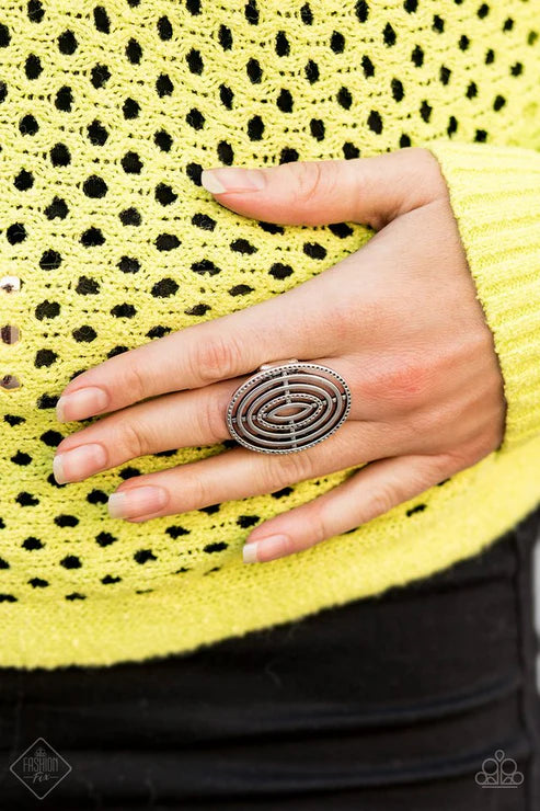 Center Target - Oversized Silver Dizzy Textured Circular Ring R#6883