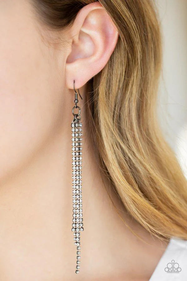 Center Stage Status - Oversized Black Encrusted Freefall Fringe Earrings E#6801