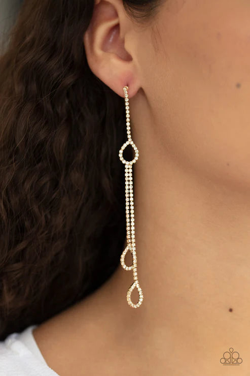 Chance of REIGN - Gold Duo Encrusted Teardrop Tassel Earrings E#6756