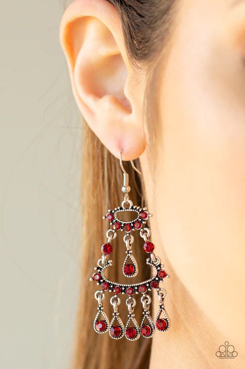 Chandelier Shimmer - Red Dotted Encrusted Chandelier Teardrop Fringe Earrings E#2909