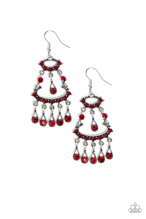 Chandelier Shimmer - Red Dotted Encrusted Chandelier Teardrop Fringe Earrings E#2909