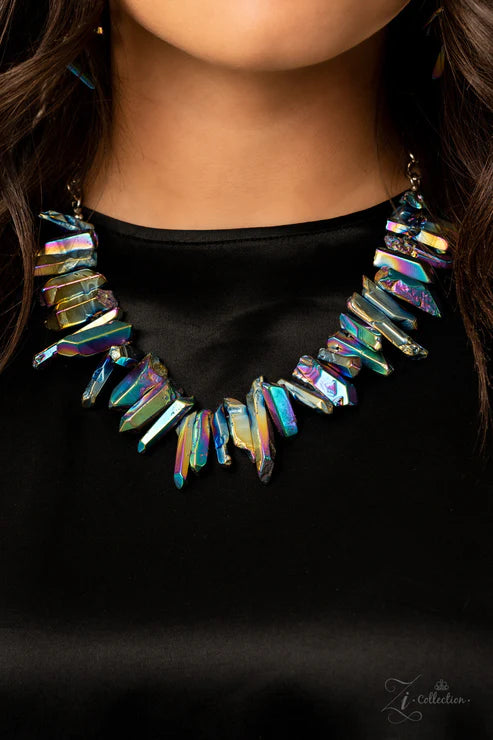 Zi Collection Necklace - Charismatic - Oversized Oil Spill/Hematite Iridescent Raw Cut Necklace ZI#170