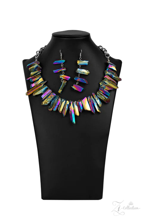 Zi Collection Necklace - Charismatic - Oversized Oil Spill/Hematite Iridescent Raw Cut Necklace ZI#170