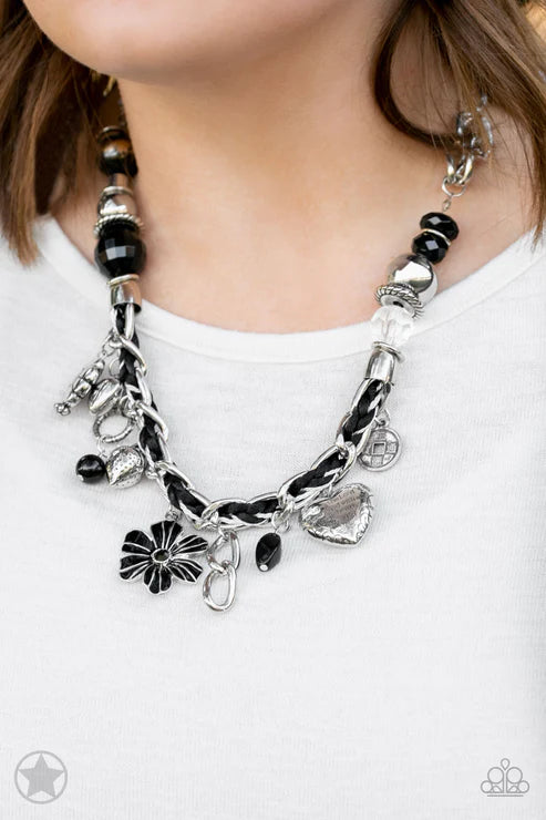 Charmed, I Am Sure - Oversized Chunky Black (Black/Ivory) Braided Cording Bible Verse 3D Flower/Heart Accent Charms Necklace N#2953