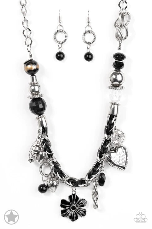 Charmed, I Am Sure - Oversized Chunky Black (Black/Ivory) Braided Cording Bible Verse 3D Flower/Heart Accent Charms Necklace N#2953