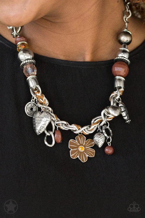 Charmed, I Am Sure - Oversized Chunky Brown (Brown/Ivory) Braided Cording Bible Verse 3D Flower/Heart Accent Charms Necklace N#3765
