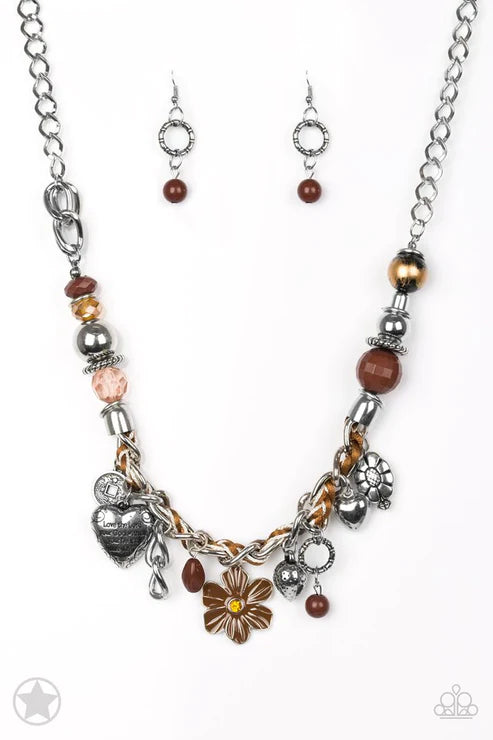 Charmed, I Am Sure - Oversized Chunky Brown (Brown/Ivory) Braided Cording Bible Verse 3D Flower/Heart Accent Charms Necklace N#3765