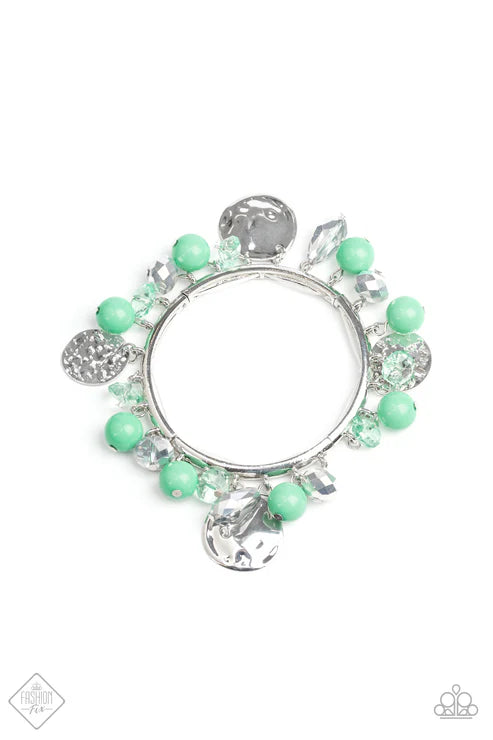 Charming Treasure - Biscay Green Textured Crystal Hammered Fringe Bracelet B#6629