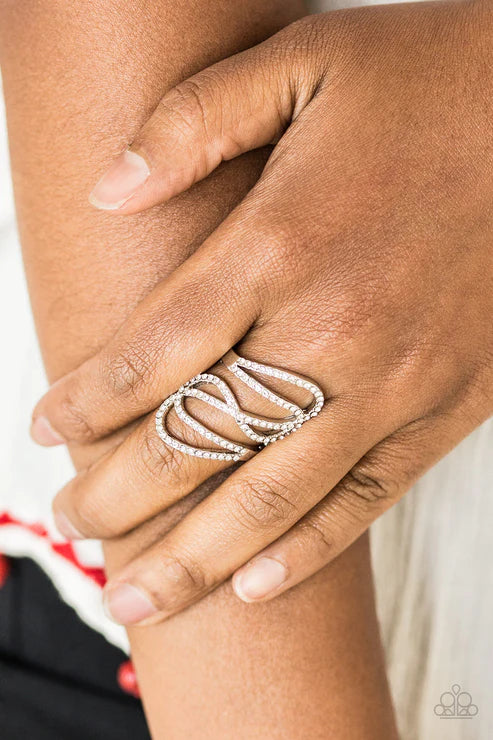 Chasing Starlight - Oversized White Encrusted Ribbon Swoop Ring R#5780