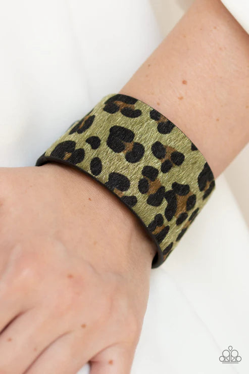 Cheetah Cabana - Green/Black Wild "Fuzzy" Cheetah Leather Wrap Adjustable Snap Closure Bracelet B#7340
