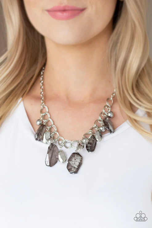 Chroma Drama - Black Streaked Asymmetrical Metallic Accent Fringe Necklace N#4446