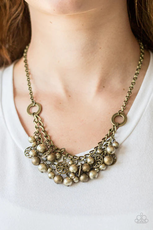 Cinderella Glam - Brass Pearl Charm Accent Interlocked Fringe Necklace N#5573