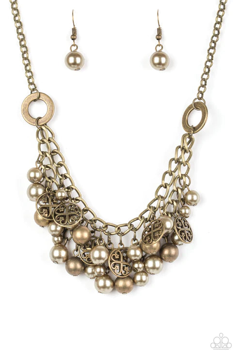 Cinderella Glam - Brass Pearl Charm Accent Interlocked Fringe Necklace N#5573