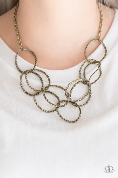 Circus Royale - Brass Asymmetrical Interlocked Hammered Shimmer Ring Necklace N#3441