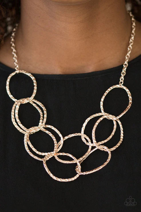 Circus Royale - Rose Gold Asymmetrical Interlocked Hammered Shimmer Ring Necklace N#6325