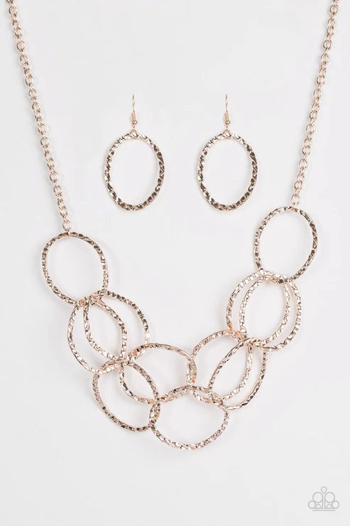 Circus Royale - Rose Gold Asymmetrical Interlocked Hammered Shimmer Ring Necklace N#6325