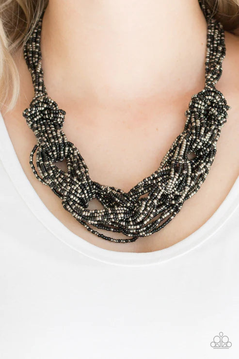 City Catwalk - Oversized Black/Gunmetal Metallic Braided Square Seed Bead Necklace N#4518