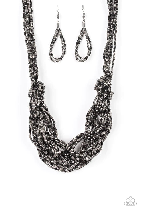 City Catwalk - Oversized Black/Gunmetal Metallic Braided Square Seed Bead Necklace N#4518